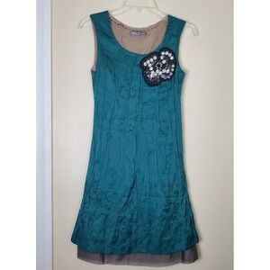 Isabelle Wen Silk Mini Dress Small Sleeveless Teal Green Crinkle Cocktail